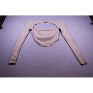 Blanc Clothing Beige Ribbed Knit Cutout Long Sleeve Top Shrug Chain Detail Large